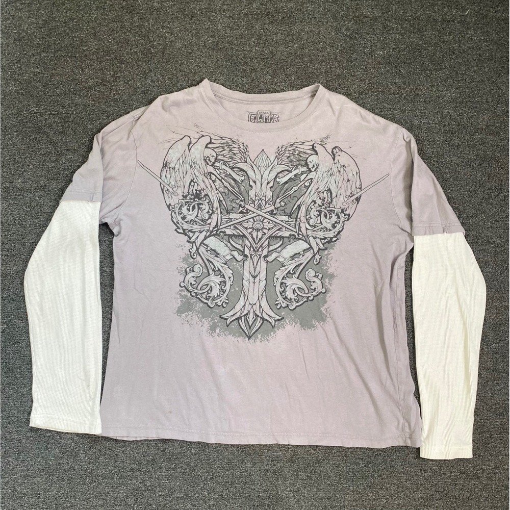Vintage MMA Elite Thermal Graphic T-Shirt Gray Mens XL Long Sleeve Cross Y2K